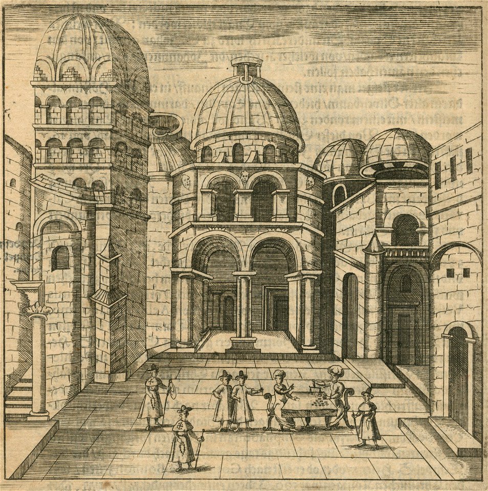 The Church of the Holy Sepulchre in Jerusalem In the foreground, a Turk charges the pilgrims their entrance to the churc - Breuning Von Buchenbach Hans Jacob - 1612
