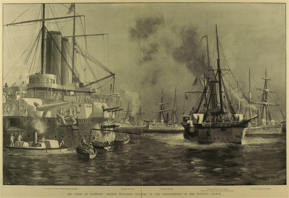 The Crisis at Zanzibar, British War-Ships engaged in the Bombardment of the Sultan's Palace - ILN 1896