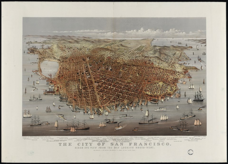 The City of San Francisco. Birds eye view from the bay looking south-west - - Sketched & drawn by C.R. Parsons. LCCN90715988