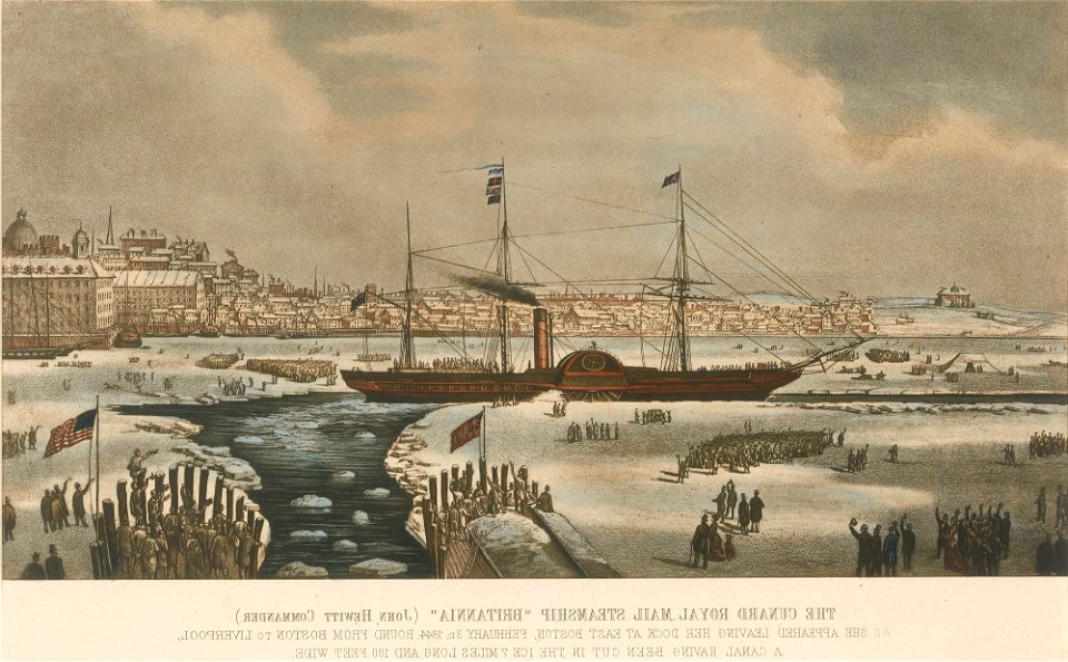 The Cunard Royal Mail Steamship Britannia (John Hewitt Commander) as she appeared leaving her dock at East Boston, February 3d, 1844, bound from Boston to Liverpool, a canal having been cut in the ice 7 miles long and RMG PY0228