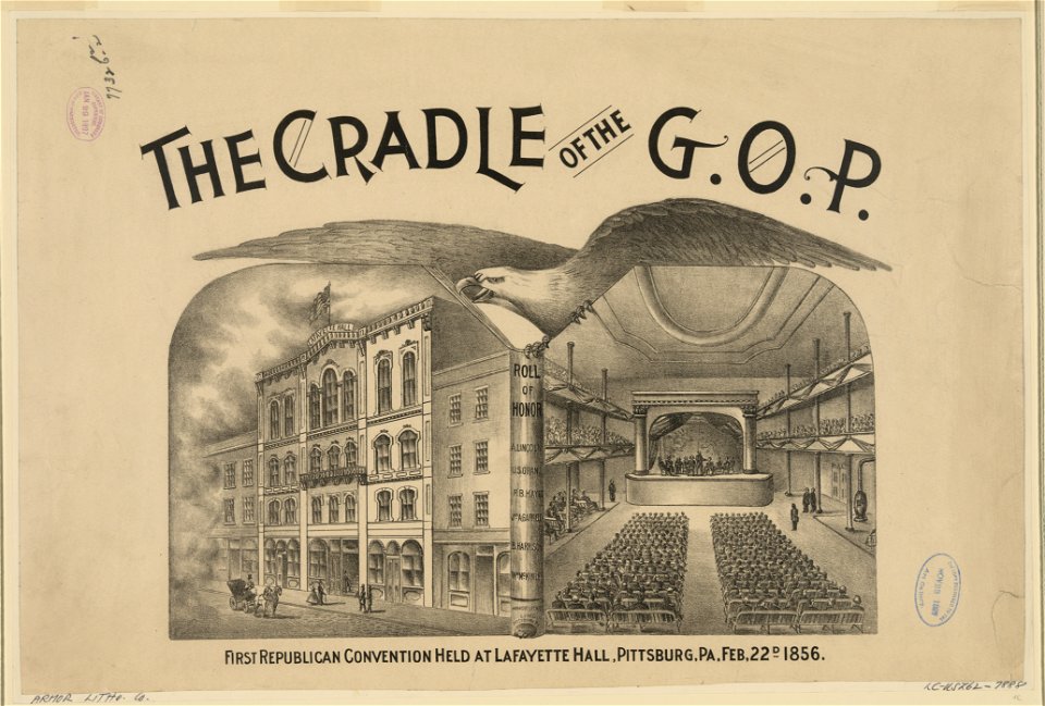 The cradle of the G.O.P. First Republican convention held at LaFayette Hall, Pittsburgh, PA, Feb. 22d 1856 LCCN2008676781