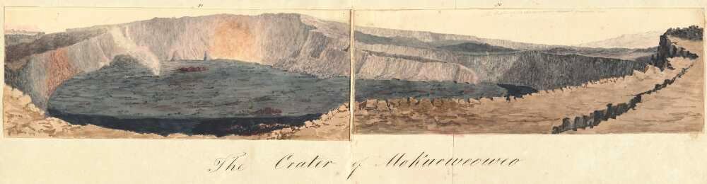 The crater of Mokuoweoweo, Hawaii, 1855, watercolour by James Gay Sawkins