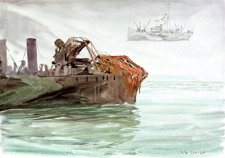 The damaged USN destroyer 'Shaw' at Portsmouth, 1918, and a dazzle-painted armed merchantman RMG PV0085