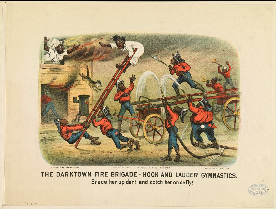 The darktown fire brigade-hook and ladder gymnastics- Brace her up dar! and cotch her on de fly! LCCN91724452