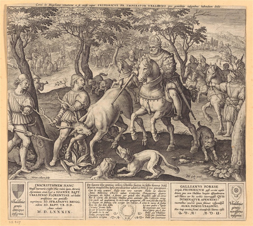 The Deer Hunt of Emperor Frederick I Barbarossa and Ubaldino Ubaldini 1589 print by Stradanus, S.I 829, Prints Department, Royal Library of Belgium