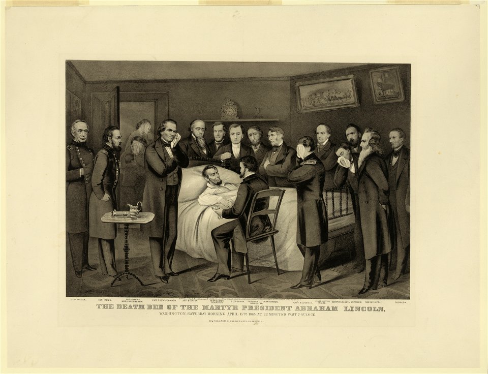 The death bed of the martyr President Abraham Lincoln. Washington, Saturday morning April 15th 1865, at 22 minutes past 7 o'clock LCCN91792453