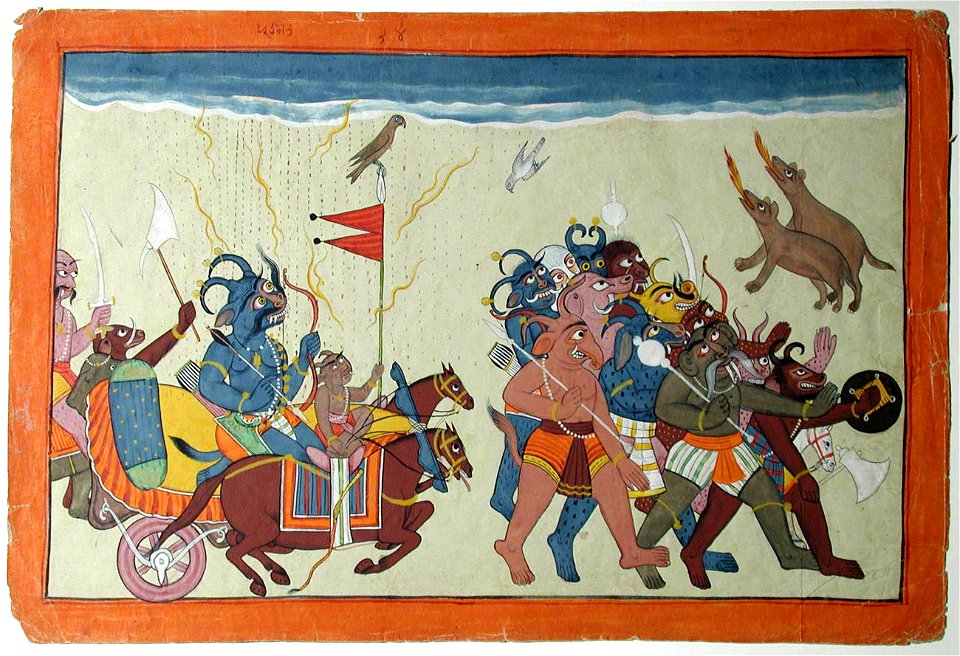 The demon Dhumraksha in a chariot leads his army to attack Hanuman (6124583029)