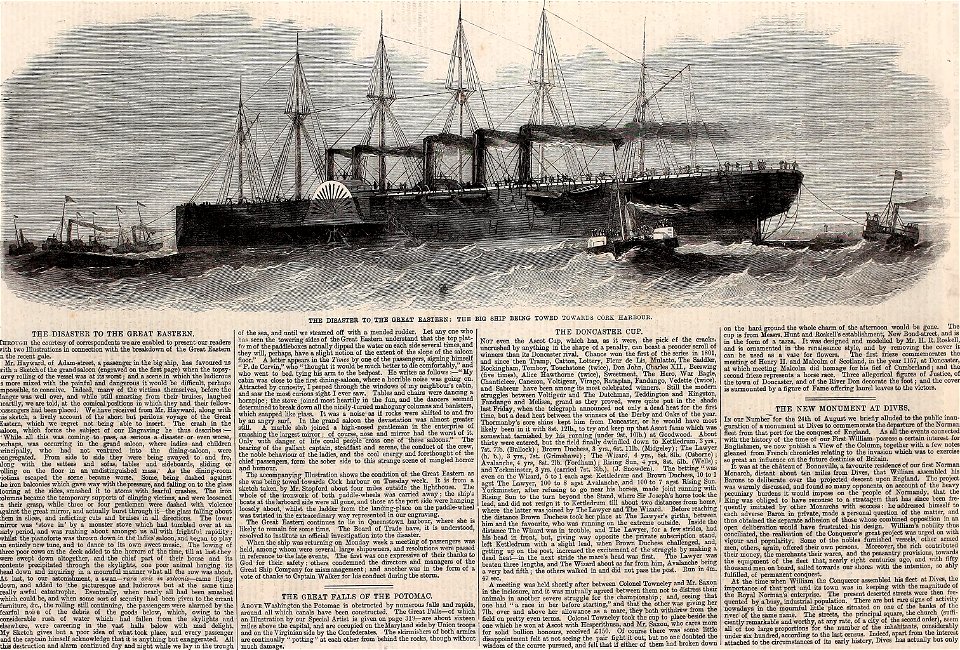 The Disaster to the Great Eastern, the Big Ship being towed towards Cork Harbour - ILN 1861