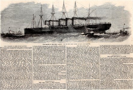 The Disaster to the Great Eastern, the Big Ship being towed towards Cork Harbour - ILN 1861. Free illustration for personal and commercial use.