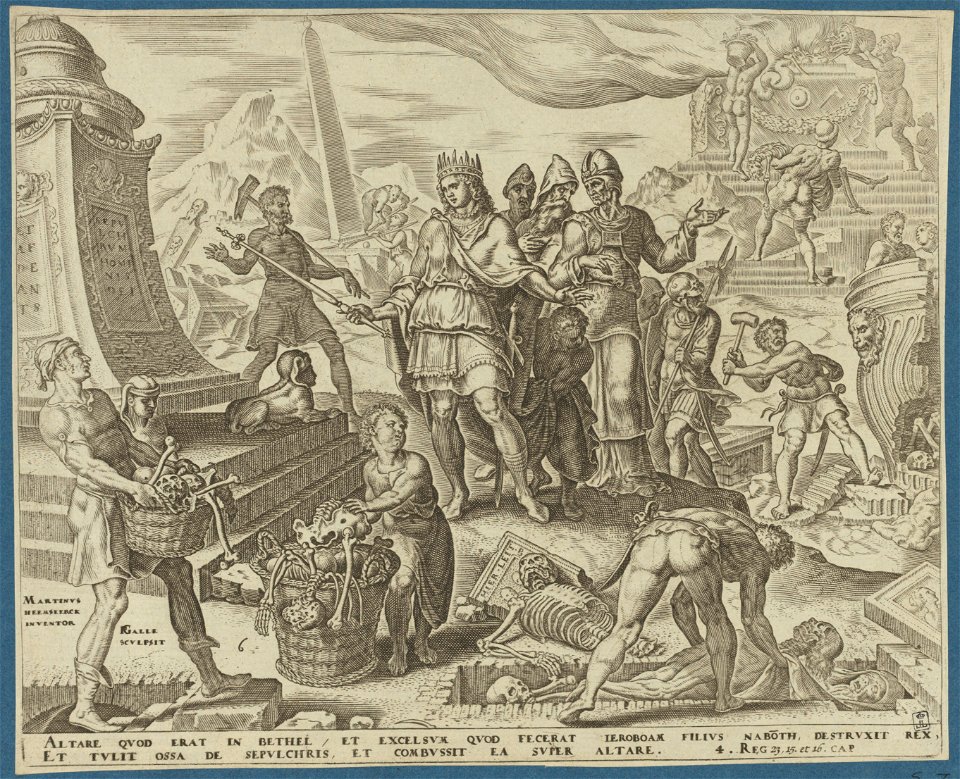 The Destruction of The Altar at Bethel and The Exhumation of The Bones From The Sepulchres 1569 print by Maarten van Heemskerck, S.I 55725, Prints Department, Royal Library of Belgium
