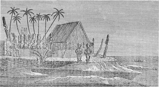 The Depository of the Kings of Hawaii, adjoining the Place of Refuge at Honaunau, sketch by William Ellis