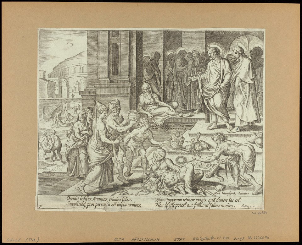 The Death of Sapphira 1575 print by Maarten van Heemskerck, S.I 55794, Prints Department, Royal Library of Belgium