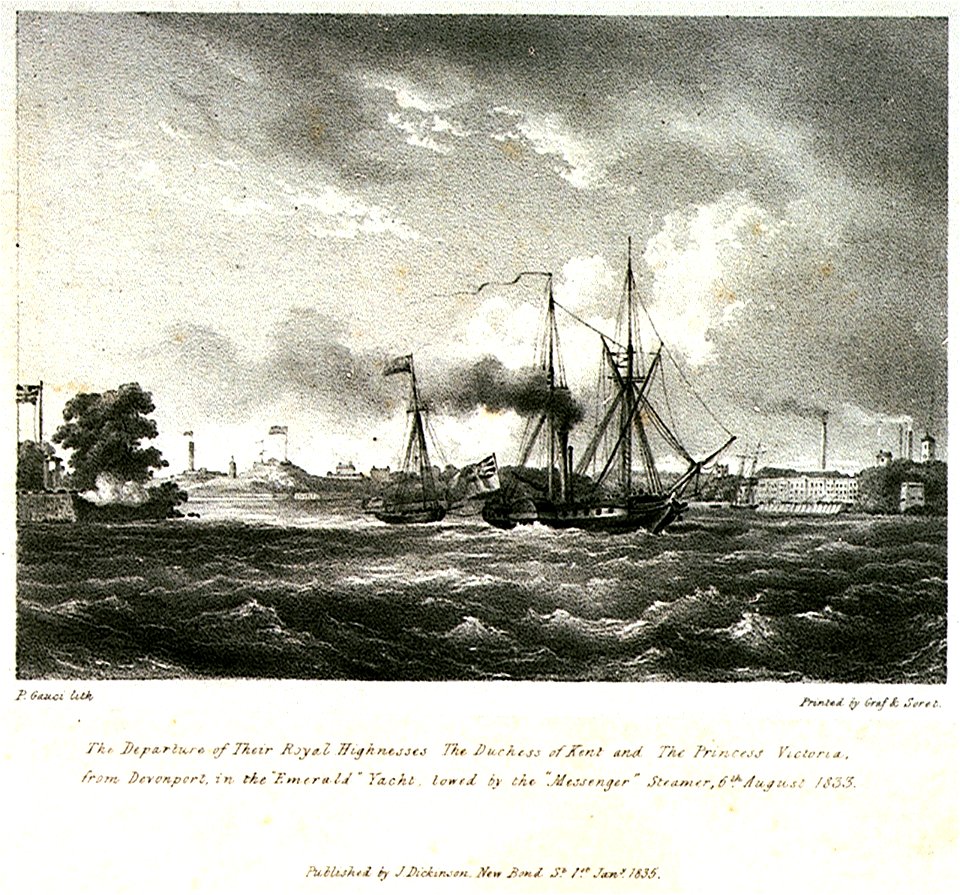 The Departure of Their Royal Highnesses The Duchess of Kent and the Princess Victoria, from Devonport in the Emerald Yacht, towed by the Messenger steamer, 6th August 1833 RMG PU6522