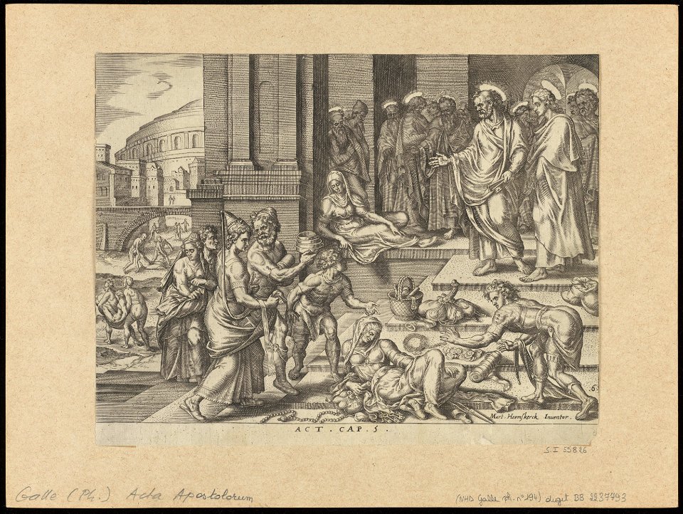 The Death of Sapphira 1575 print by Maarten van Heemskerck, S.I 55826, Prints Department, Royal Library of Belgium