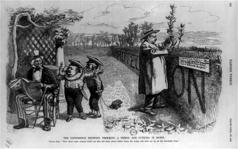 The difference between trimming a hedge and cutting it down Uncle Sam, Now don't come around tellin' me that story about cuttin' down the hedge and bein' eat up by the free-trade b'ars - - LCCN90707113