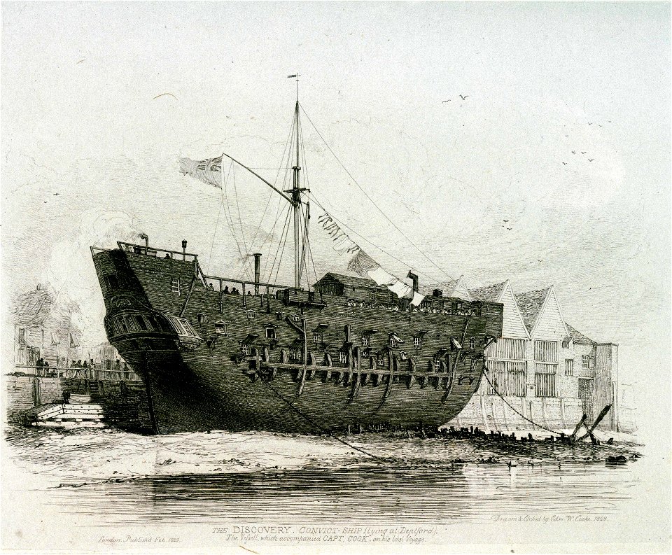 The Discovery Convict ship (lying at Deptford). The vessel which accompanied Capt. Cook on his last voyage RMG PU6034