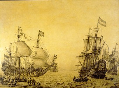 The Dutch ship Oosterwijk under sail near the shore, in two positions RMG BHC0863