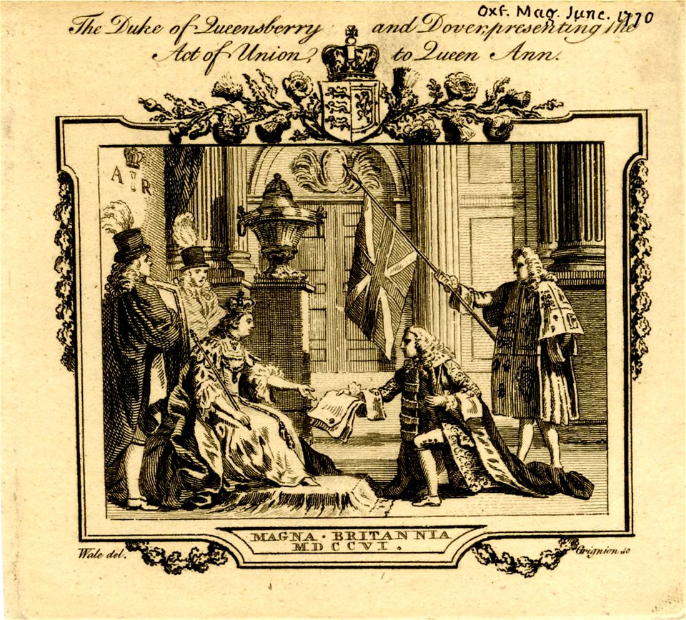 The Duke of Queensberry and Dover, presenting the Act of Union to Queen Ann (BM 1868,0808.9888)