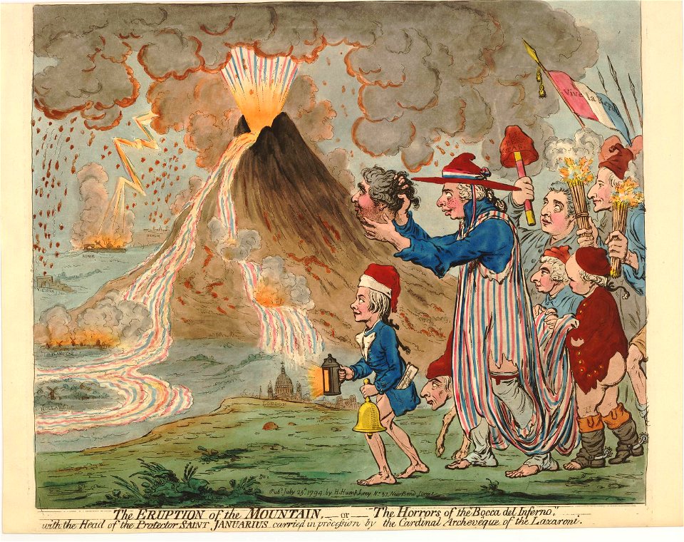 The eruption of the mountain,-or-the horrors of the bocca del inferno,-with the head of the protector Saint Januaris carried in procession by Cardinal Archeveque of the Lazaroni. (BM 1868,0808.6359)