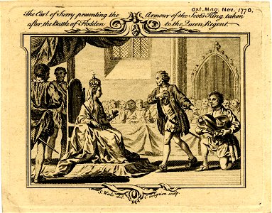 The Earl of Surry presenting the Armour of the Scot's King taken after the Battle of Flodden to the Queen Regent (BM 1868,0808.9923)