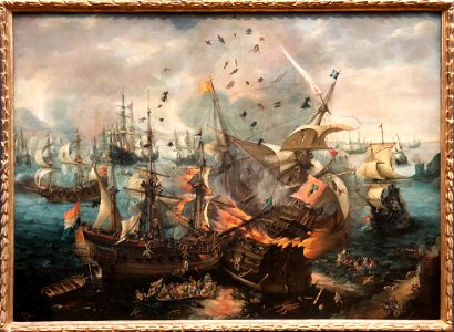 The Explosion of the Spanish Flagship During the Battle of Gibraltar by Cornelis Claesz van Wieringen. Free illustration for personal and commercial use.