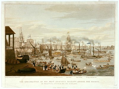 The embarkation of his most Gracious Majesty George the Fourth at Greenwich, August 10th, 1822 for Scotland. Lord Mayor's Barge &cc Royal George, Royal Sovereign. The James Watts Steam Boat RMG PU6656
