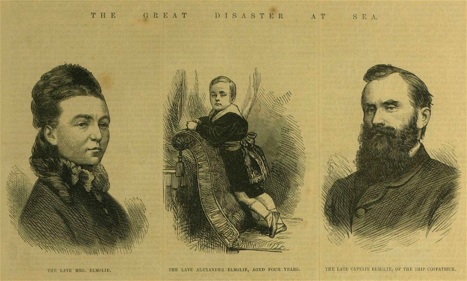 The Elmslie family, the Burning of an Emigrant-Ship, the Cospatrick emigrant ship destroyed at sea - ILN 1875 (cropped)