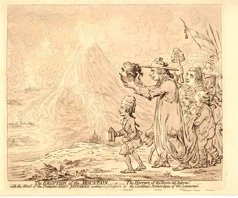 The eruption of the mountain,-or-the horrors of the bocca del inferno,-with the head of the protector Saint Januaris carried in procession by Cardinal Archeveque of the Lazaroni. (BM 1868,0808.10375)