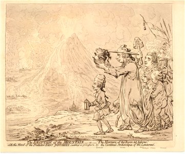 The eruption of the mountain,-or-the horrors of the bocca del inferno,-with the head of the protector Saint Januaris carried in procession by Cardinal Archeveque of the Lazaroni. (BM 1868,0808.10375)