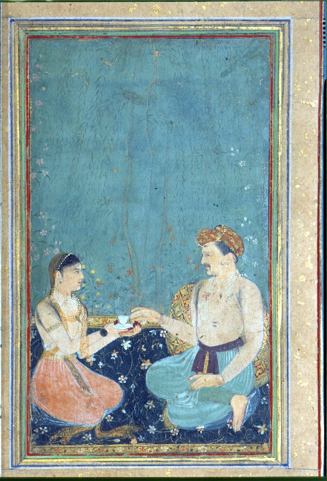 The Emperor Jahangir takes a cup from a tray offered by a young woman (6125039010)