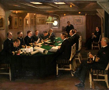 The End- The Fore-Cabin of HMS 'Queen Elizabeth' with Admiral Beatty Reading the Terms of the Surrender of the German Navy, Rosyth, 16 November 1918 (26799468369)