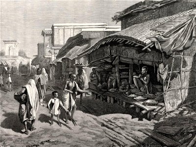 The Famine in India, Native Shop in Bazaar-Street, Calcutta. Free illustration for personal and commercial use.