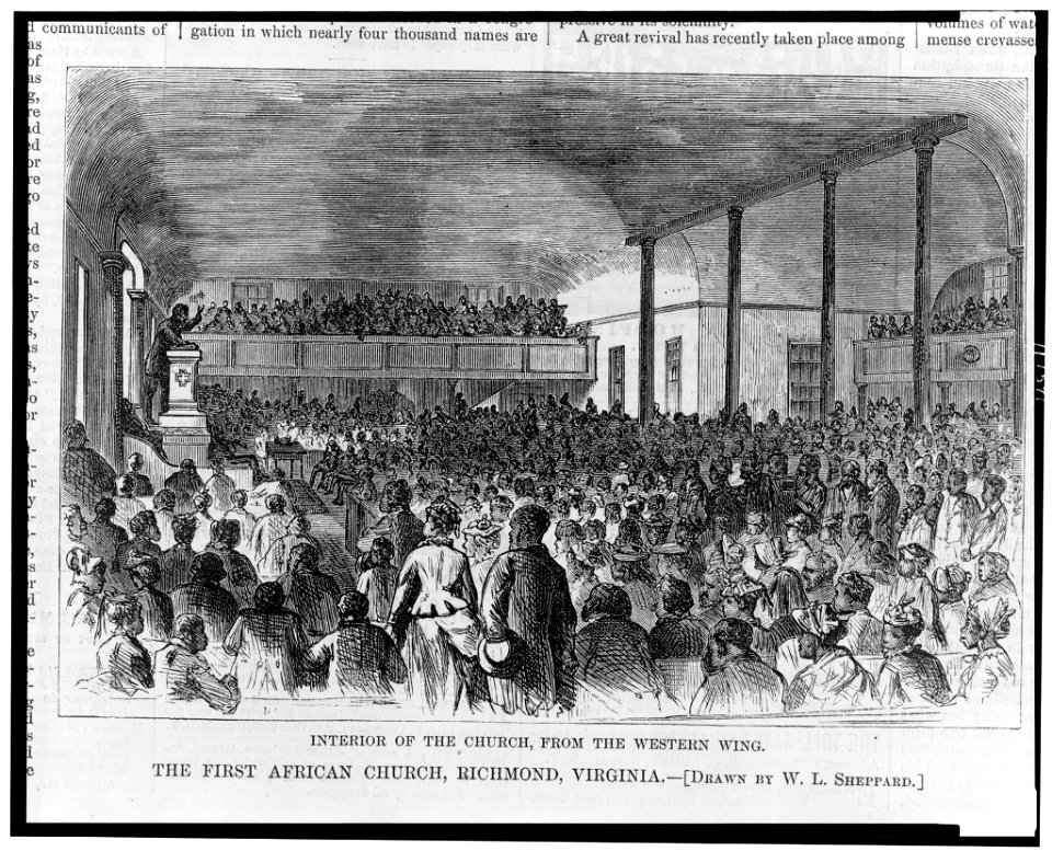 The first African church, Richmond, Virginia-Interior of the church, from the western wing - drawn by W.L. Sheppard. LCCN97507948
