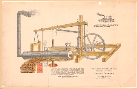 The first steam engine designed and built in the United States, by Oliver Evans, of Philadelphia, Pa., 1801 - Drawing by Thos. Arnold McKibbin. LCCN93511461