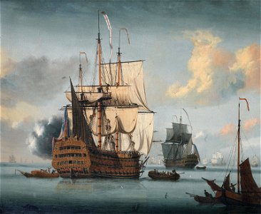 The flagship Royal Sovereign saluting at the Nore, by L de Man