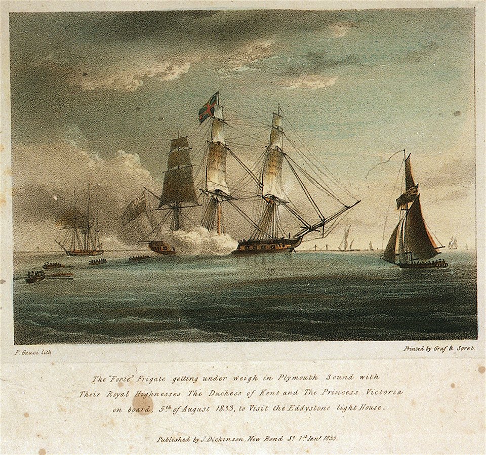 The Forte Frigate getting under weigh in Plymouth Sound with Their Royal Highnesses The Duchess of Kent and The Princess Victoria on board, 5th of August 1833 to Visit the Eddystone light House RMG PU6102