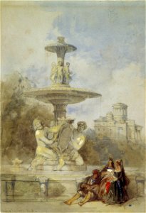 The Fountain on the Prado, Madrid by David Roberts, RA. Free illustration for personal and commercial use.
