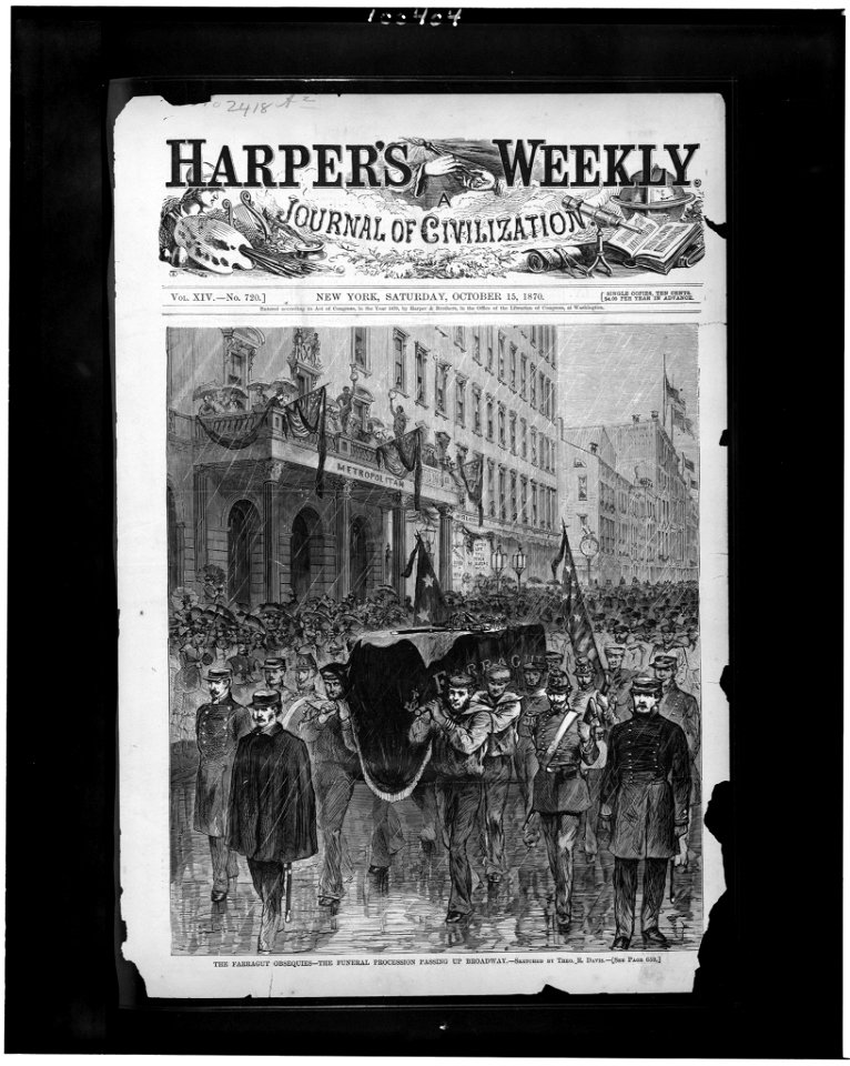 The Farragut obsequies-the funeral procession passing up Broadway - sketched by Theo. R. Davis. LCCN90712199