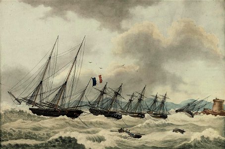 The French fleet riding out a storm in the bay of Tabarco off the Barbary coast, by Nicolas Cammillieri Jun Xet