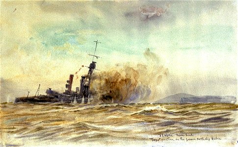 The former German battleship 'Baden', listing and under fire as a gunnery target on the Dean Sand, Spithead, 1921 RMG PW1876