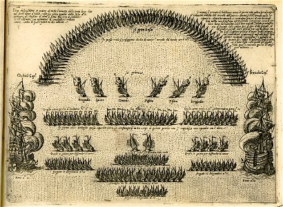 The fleet of Lega Santa (Holy League) while departing from Messina (Sicily) in September 1571 - Camocio Giovanni Francesco - 1574