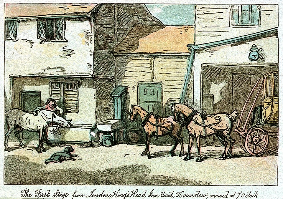 The First Stage from London ' Kings Head Inn' Yard Hounslow, arrived at 7 o'clock (caricature) RMG PW4930