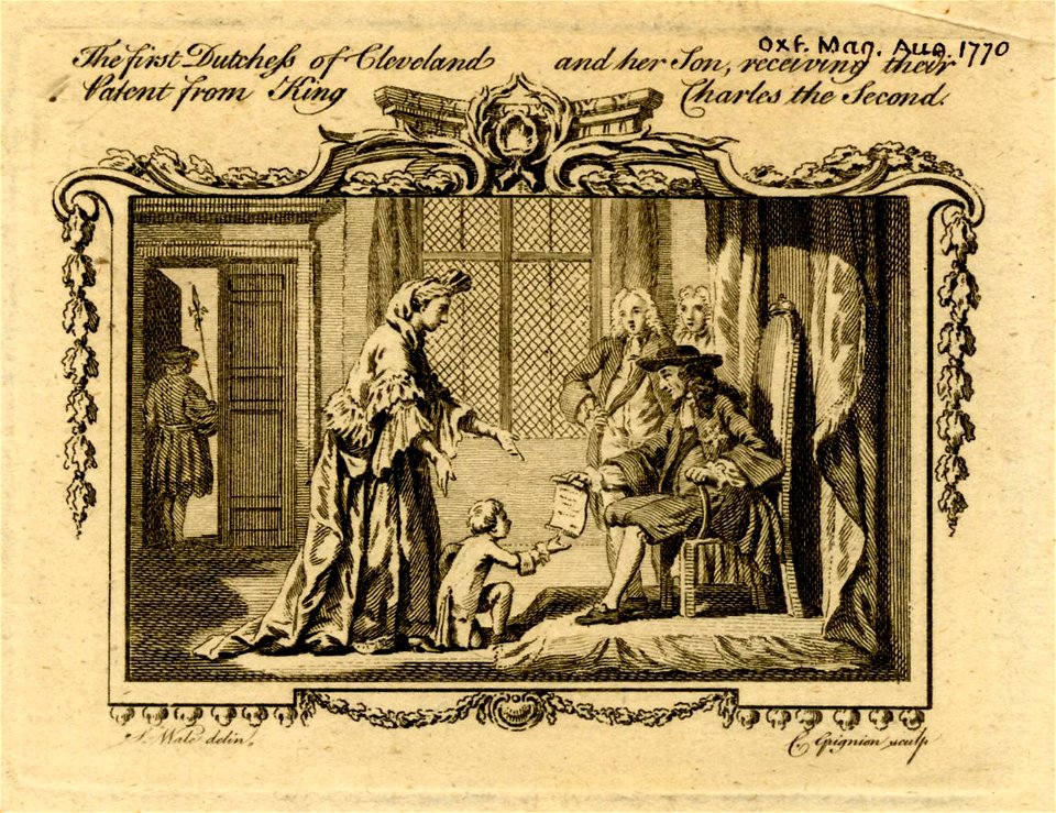 The first Dutchess of Cleveland and her Son, receiving their Patent from King Charles the Second (BM 1868,0808.9897)
