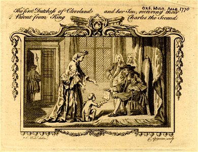 The first Dutchess of Cleveland and her Son, receiving their Patent from King Charles the Second (BM 1868,0808.9897)