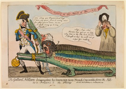 The Gallant Nelson bringing home two uncommon fierce French Crocodiles from the Nile as a present to the King. Free illustration for personal and commercial use.