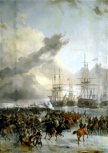 The French cavalry take the battle fleet caught in the ice in the waters of Texel, 21 January 1795 (by Charles Louis Mozin). Free illustration for personal and commercial use.