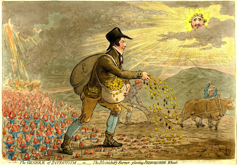 The generae of patriotism,-or-the Bloomsbury farmer, planting Bedfordshire wheat. (BM 1851,0901.775 1)