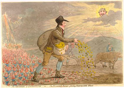 The generae of patriotism,-or-the Bloomsbury farmer, planting Bedfordshire wheat. (BM 1851,0901.775)