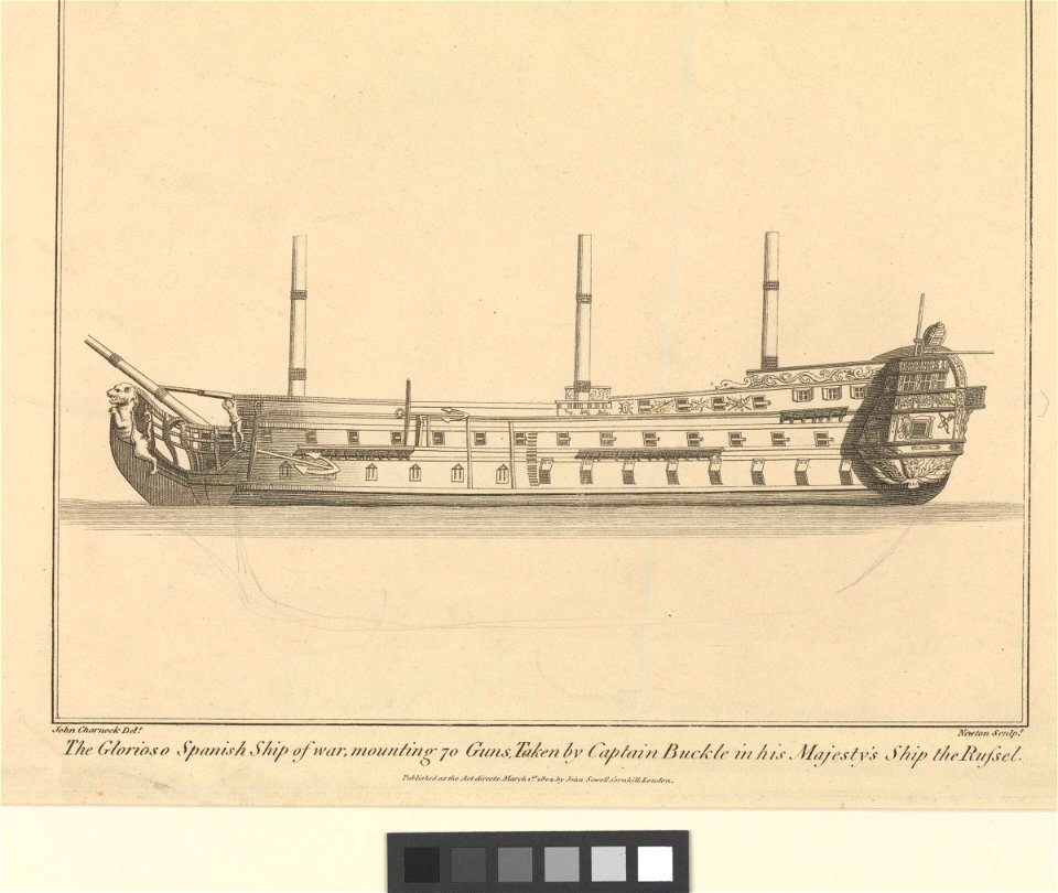 The Glorioso. Spanish Ship of war, mounting 70 guns, Taken by Captain Buckle in his Majesty's Ship the Russel. Vol III page 111 RMG PW7936