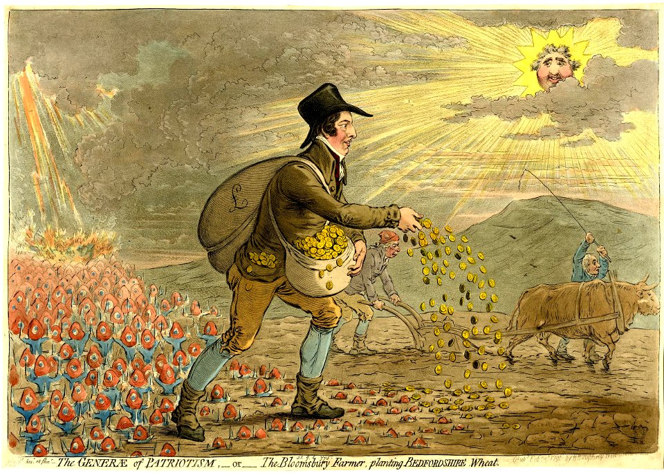 The generae of patriotism,-or-the Bloomsbury farmer, planting Bedfordshire wheat. (BM 1851,0901.775 2)